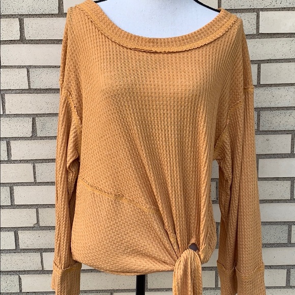 ❌DONATED❌Mustard Yellow Long Sleeve Raw Edging Waffle Tie Tunic Top - Picture 4 of 8